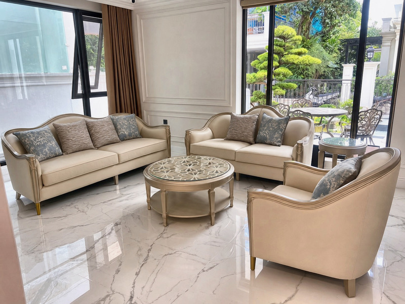 Bộ sofa tân cổ điển bọc màu kem viền chỉ mạ vàng tại nhà khách hàng – Nội Thất Gia Khánh