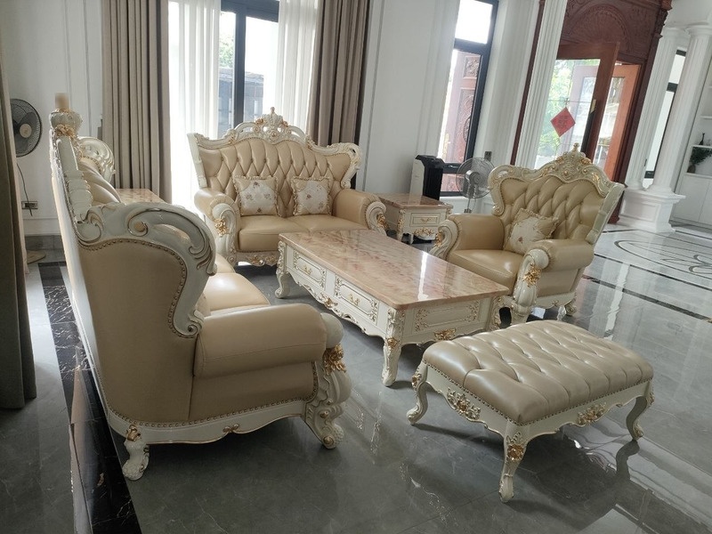 Bộ sofa tân cổ điển mạ vàng bọc da chần khuy kim cương tại nhà khách hàng – Nội Thất Gia Khánh