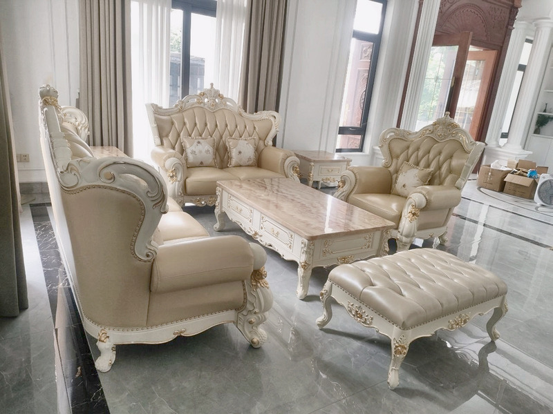 Bộ sofa tân cổ điển mạ vàng bọc da chần khuy kim cương tại nhà khách hàng – Nội Thất Gia Khánh
