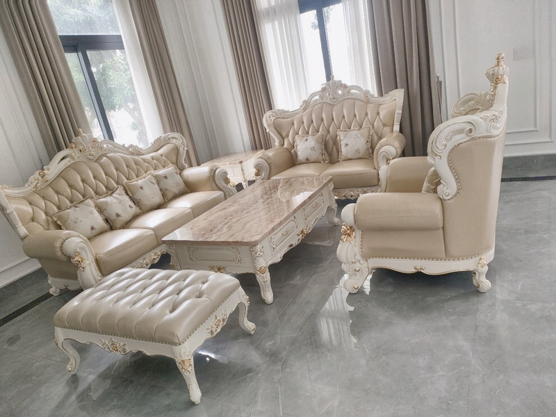Bộ sofa tân cổ điển văng+đôi+đơn wingback chạm khắc gỗ trắng viền vàng tại nhà khách hàng – Nội Thất Gia Khánh