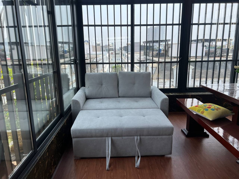 Sofa giường văng 2 chỗ vải nỉ xám kèm đôn kéo ra tại nhà khách hàng – Nội Thất Gia Khánh