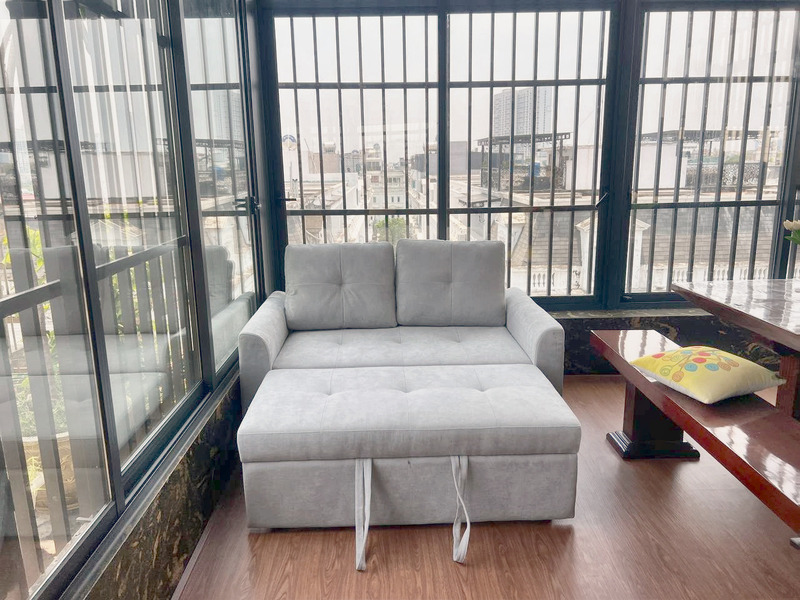 Sofa giường văng 2 chỗ vải nỉ xám kèm đôn kéo ra tại nhà khách hàng – Nội Thất Gia Khánh